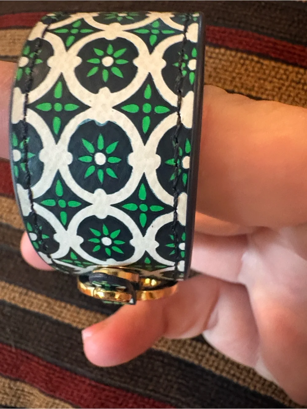 Tory Burch Green, White & Black Printed Leather Logo Cuff with Gold Logo